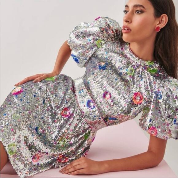 CeliaB Wonderer Silver Sequins Floral Statement Puff Sleeves Mini Dress NEW XXS - Picture 14 of 14